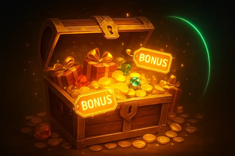 Golden treasure chest bursting with coins, gems, gift boxes, bonus tags