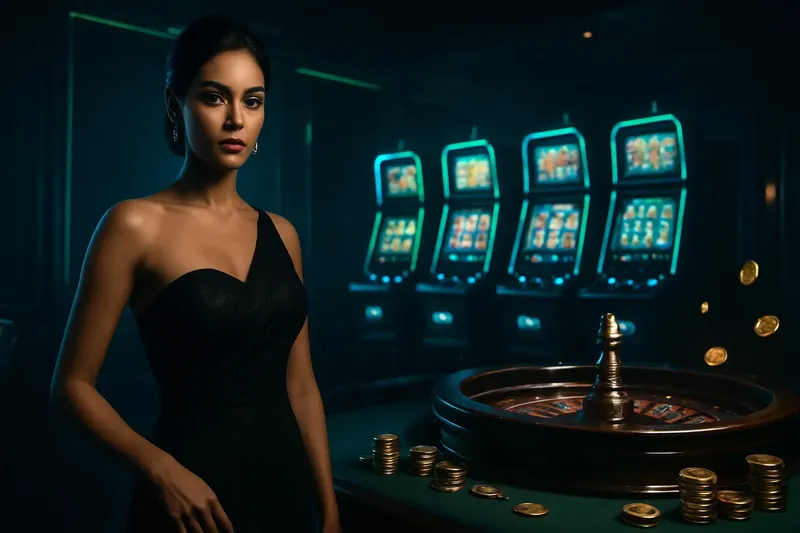 Confident woman in evening dress near roulette and slot machines