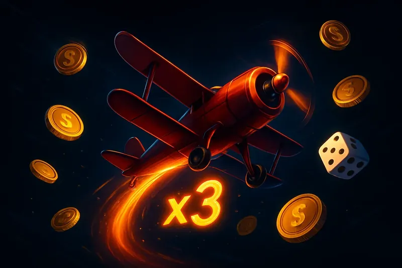 Red airplane soaring with glowing multiplier trail, coins and dice