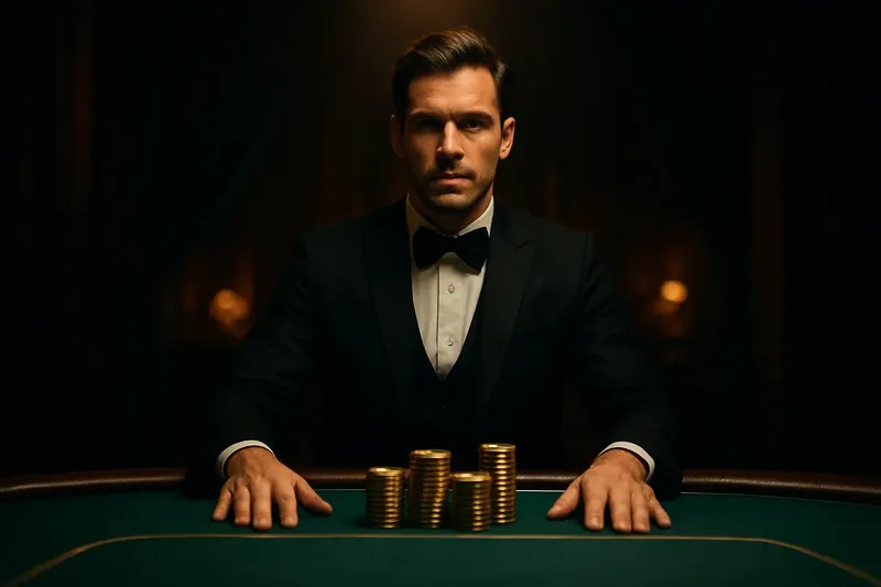 Professional dealer behind green felt table with golden chips under spotlight