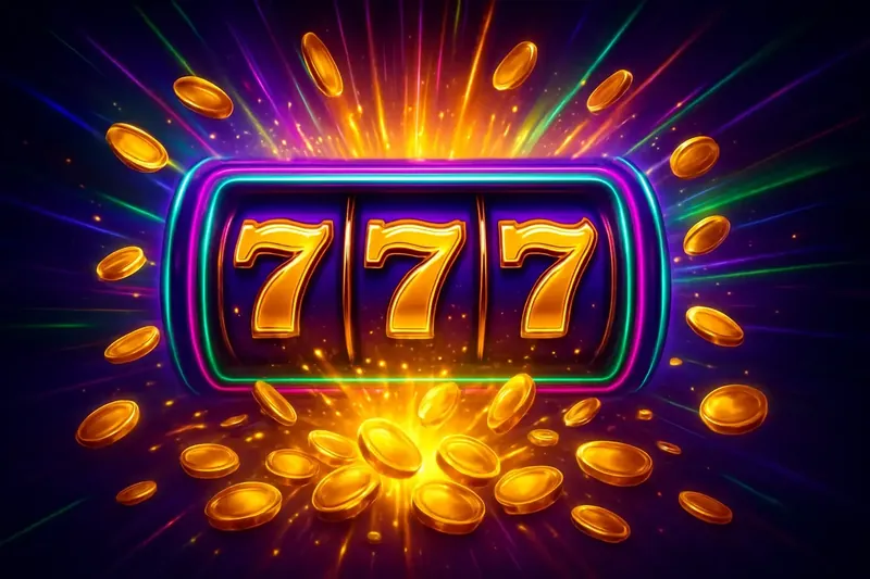 Slot machine jackpot with golden 777 symbols, coins, and neon light beams